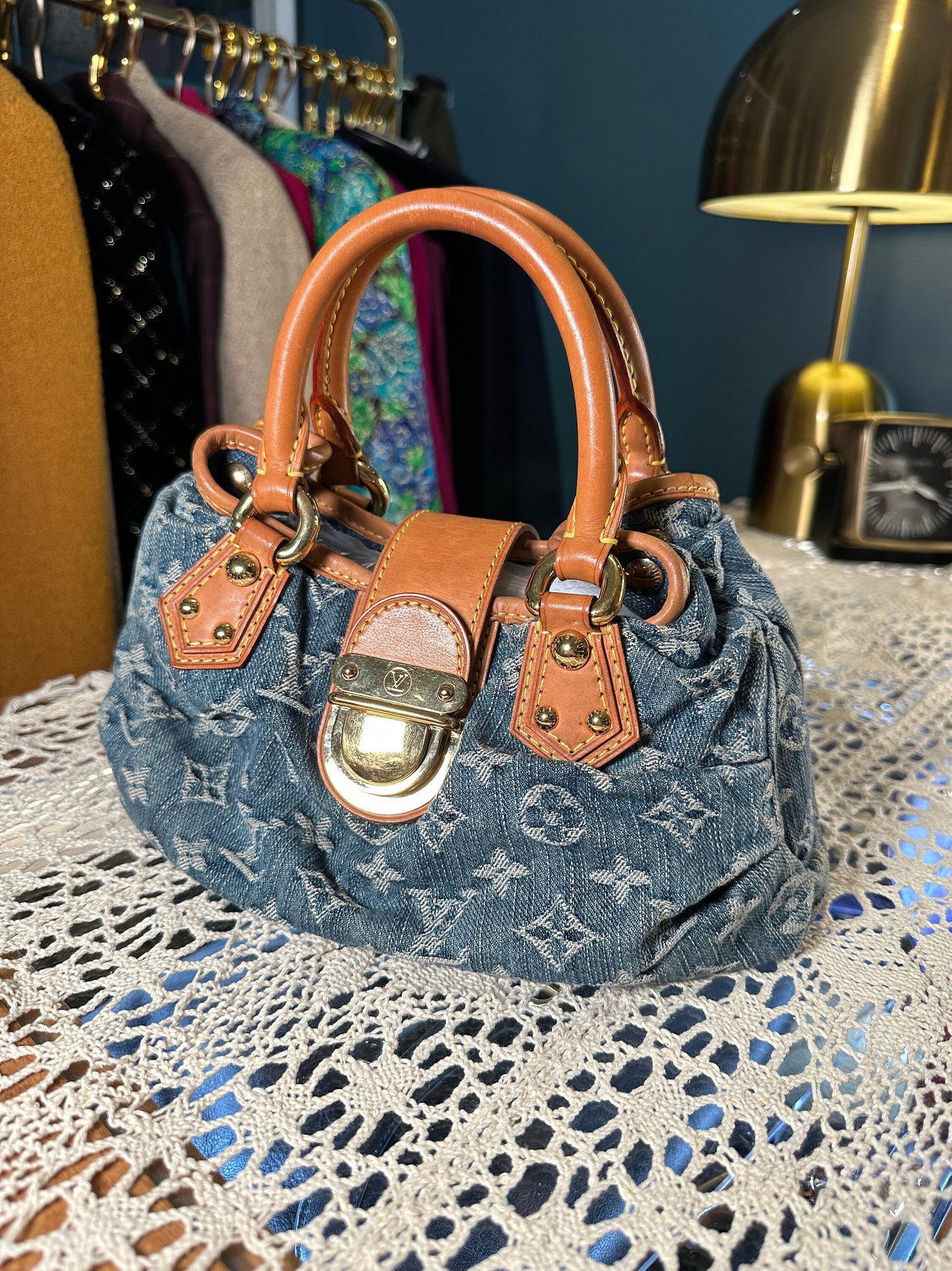 LOUIS VUITTON VINTAGE 100% Authentic Genuine, Double Handle Monogram Denim Handbag, Black Suede, 1990's, Great Condition