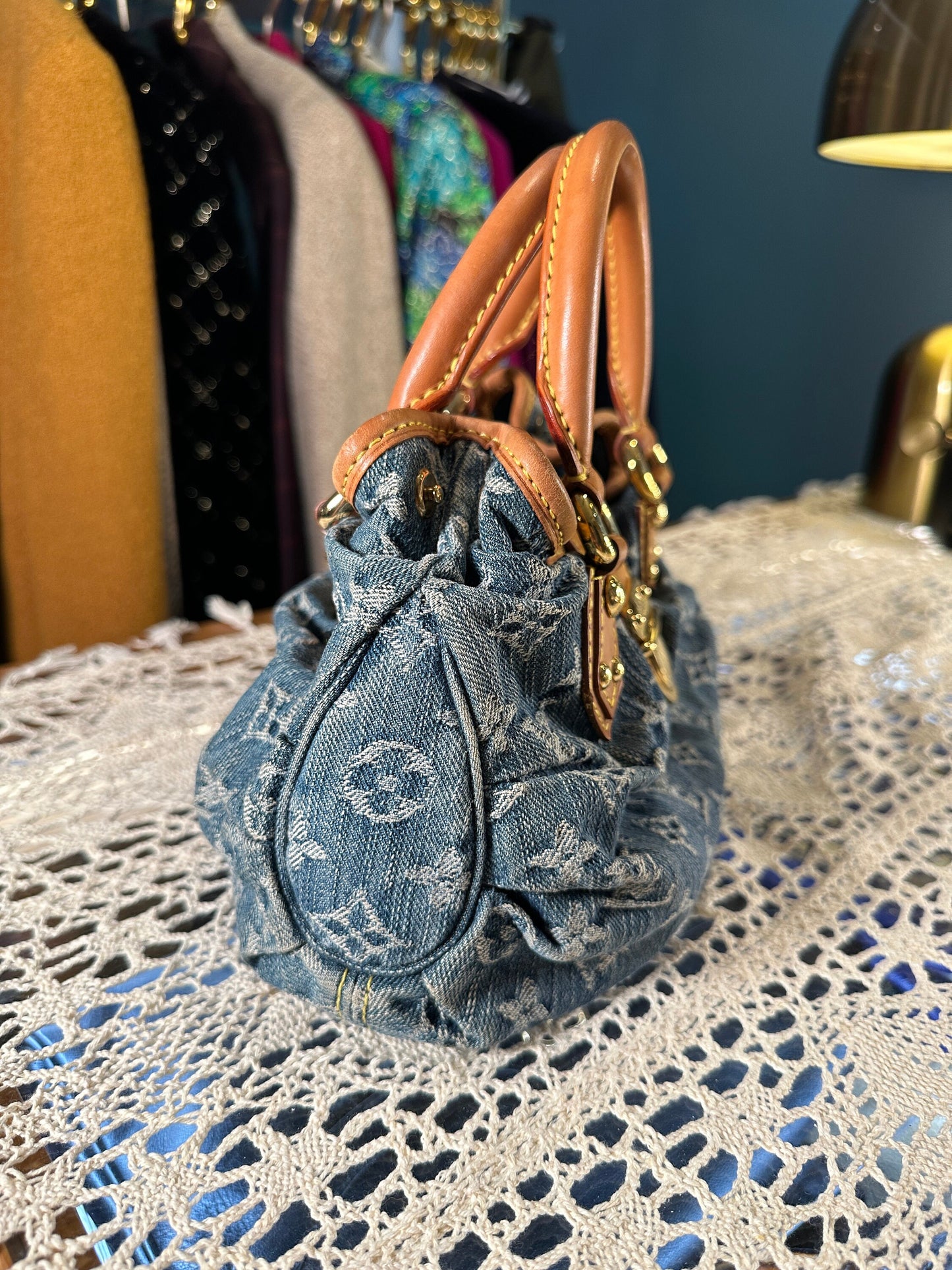 LOUIS VUITTON VINTAGE 100% Authentic Genuine, Double Handle Monogram Denim Handbag, Black Suede, 1990's, Great Condition