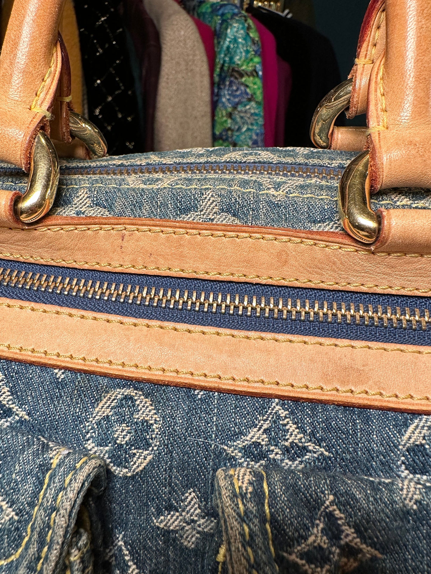 LOUIS VUITTON VINTAGE 100% Authentic Genuine, Double Handle Monogram Denim Handbag, Black Suede, 1990's, Great Condition