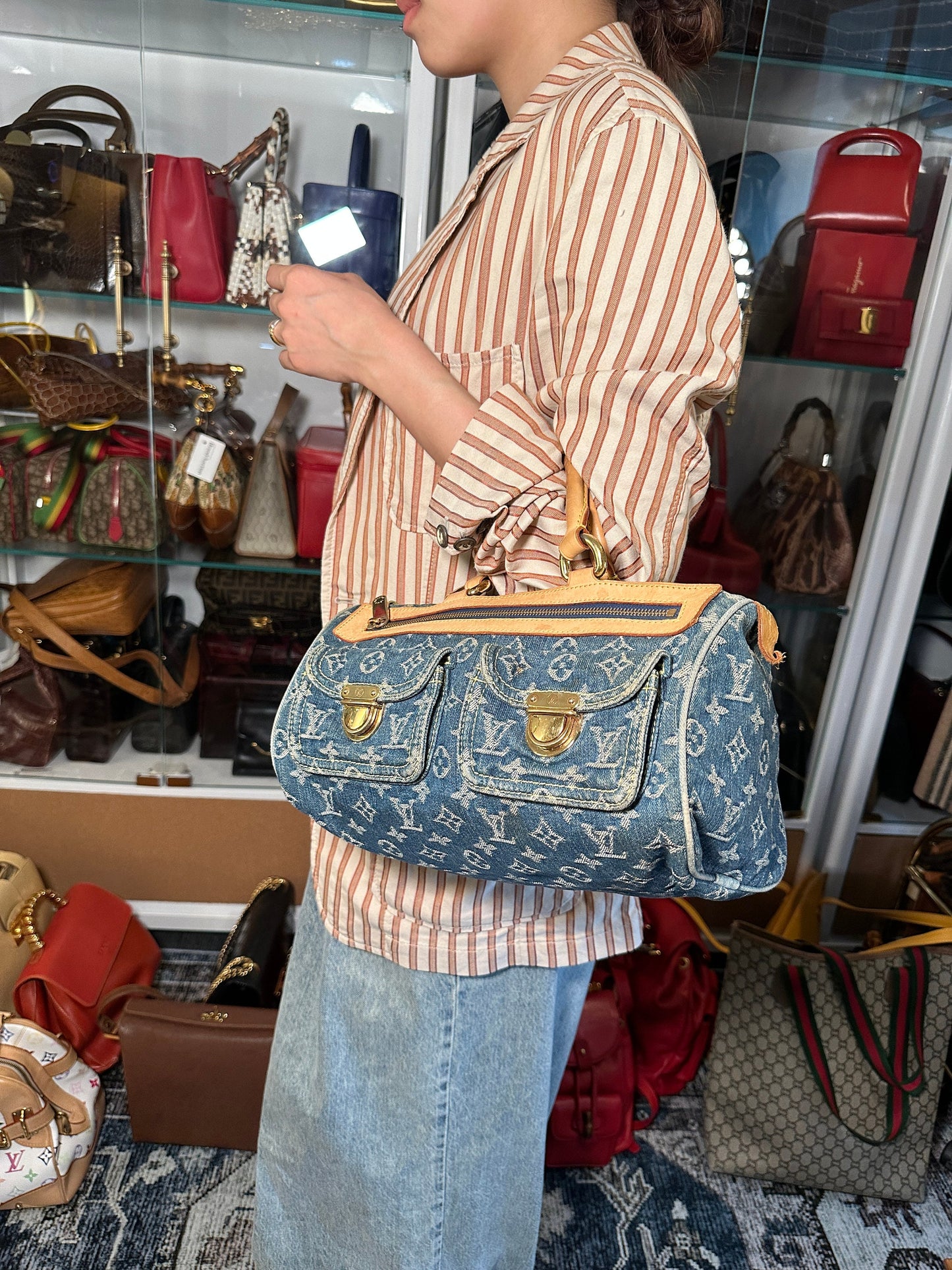 LOUIS VUITTON VINTAGE 100% Authentic Genuine, Double Handle Monogram Denim Handbag, Black Suede, 1990's, Great Condition