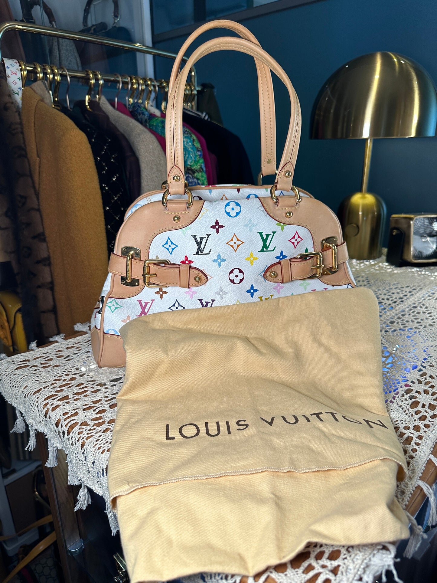 LOUIS VUITTON x Takashi Murakami VINTAGE 100% Authentic Genuine Shoulder Handbag, Monogram Multi-color on White, 2000's, Great Condition