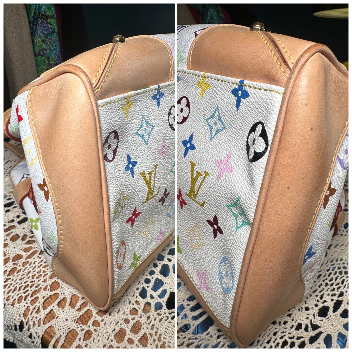 LOUIS VUITTON x Takashi Murakami VINTAGE 100% Authentic Genuine Shoulder Handbag, Monogram Multi-color on White, 2000's, Great Condition