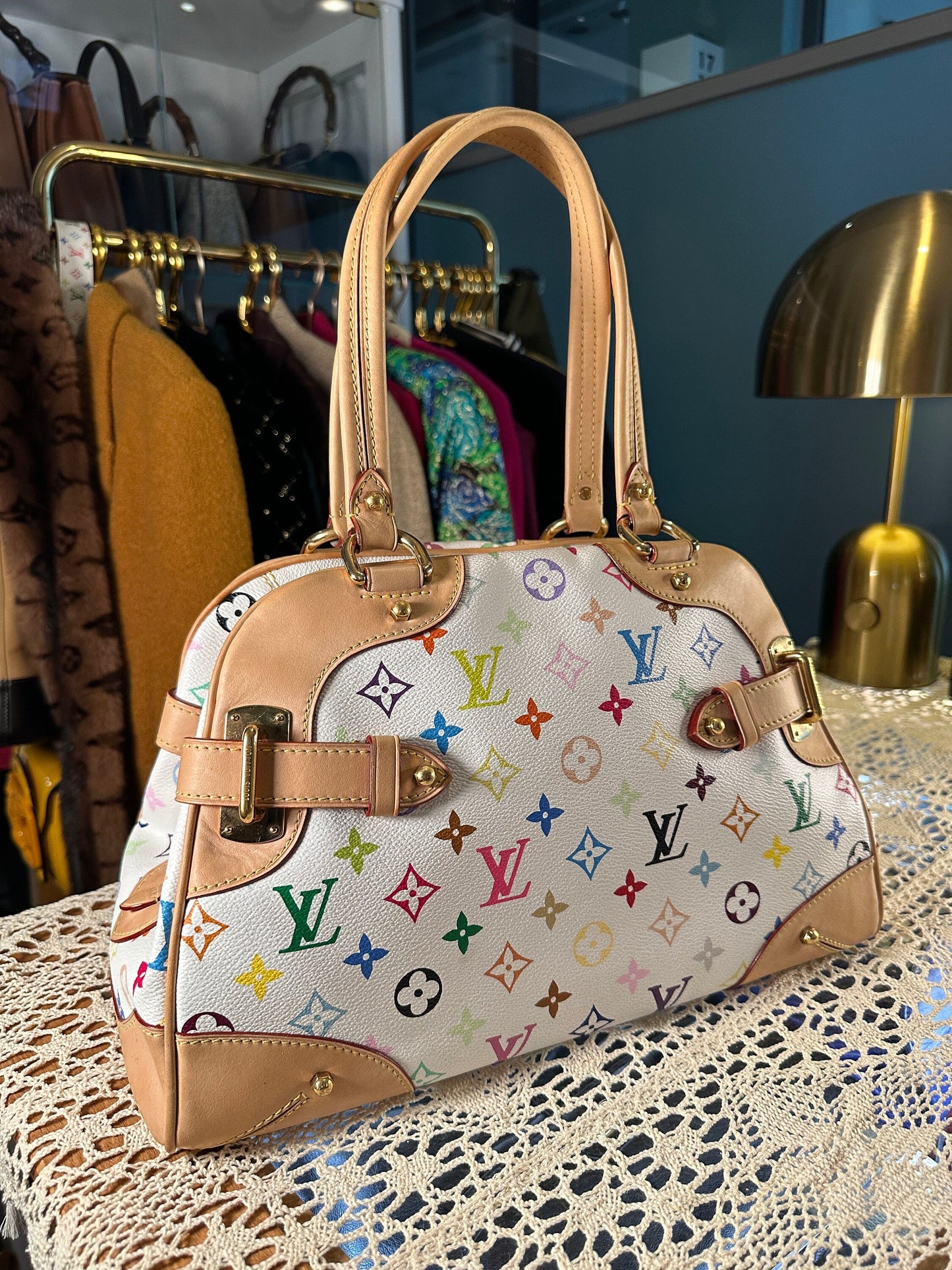 LOUIS VUITTON x Takashi Murakami VINTAGE 100% Authentic Genuine Shoulder Handbag, Monogram Multi-color on White, 2000's, Great Condition