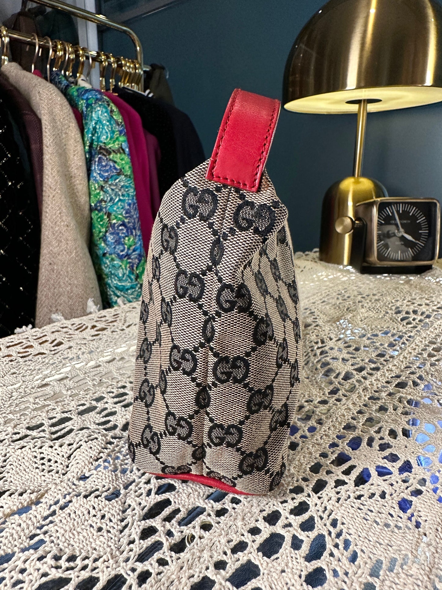 GUCCI VINTAGE 100% Authentic Genuine, Canvas Monogram Handbag with Red Leather Trim, 1990's, Good Condition