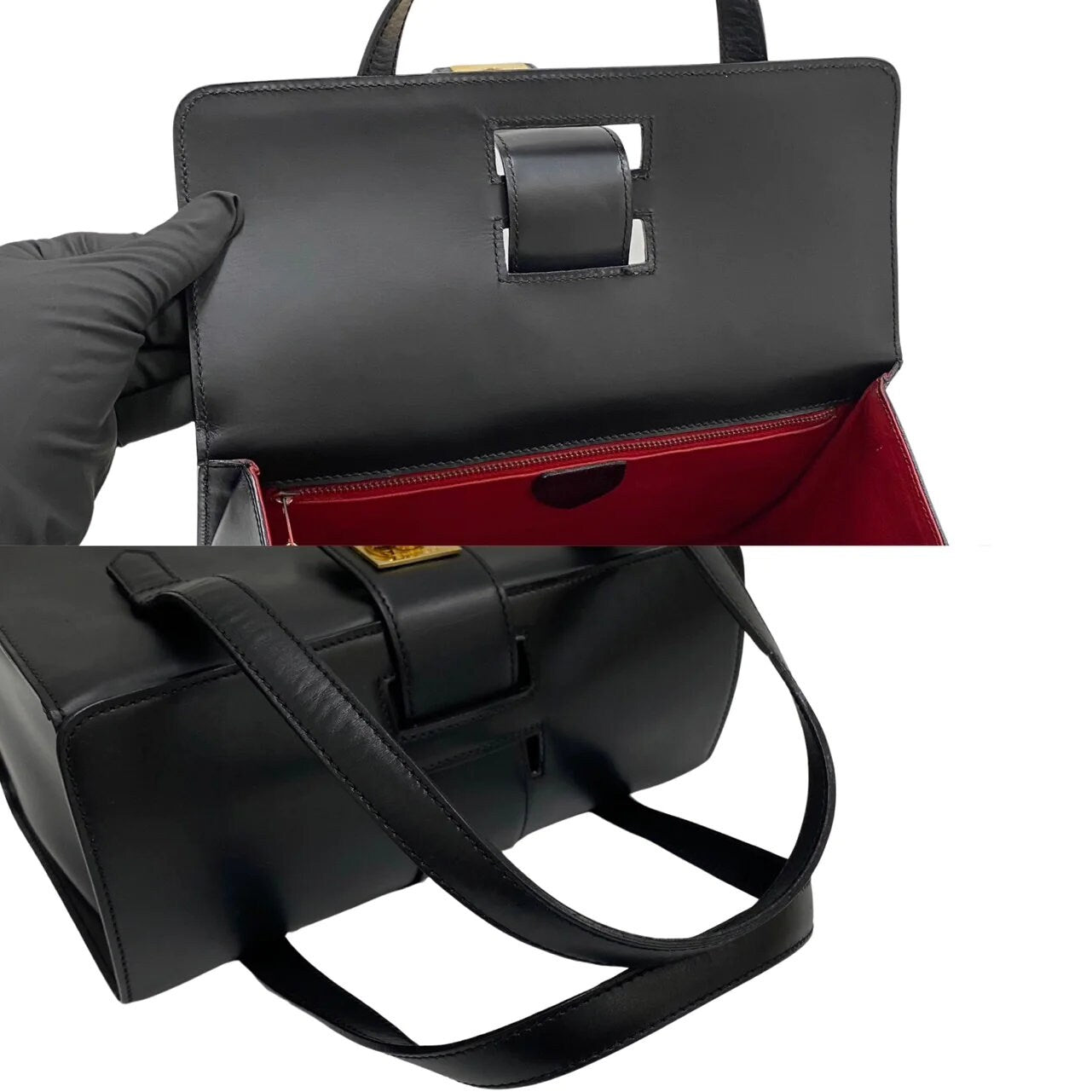 CELINE VINTAGE 100% Authentic Genuine, Vanity Case Style Handbag, Black with Contrast Red Leather Inner Lining, Late 1990's, Great Condition
