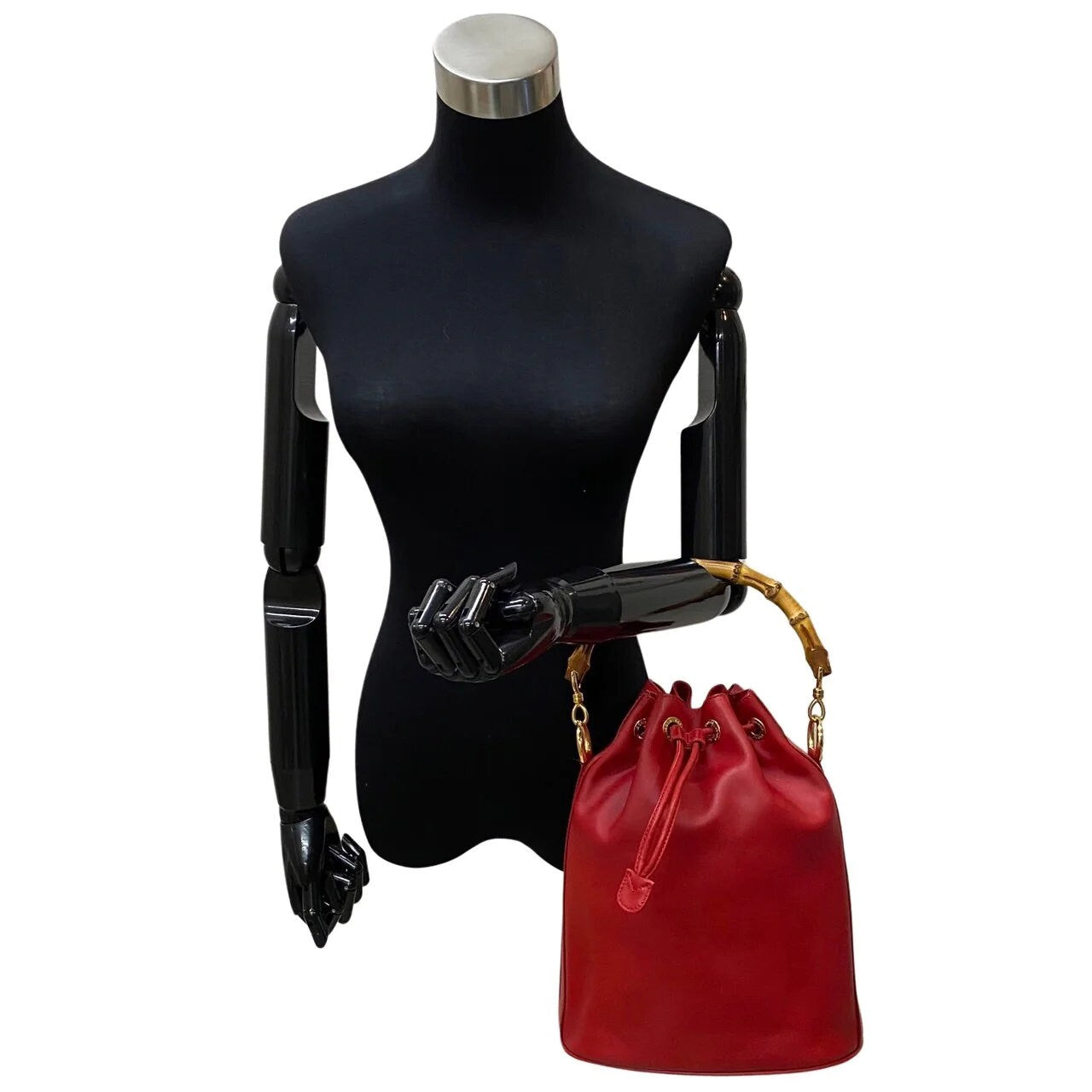 GUCCI VINTAGE 100% Genuine Bamboo Bucket Shoulder Two-way Bag, Red, late 1990's