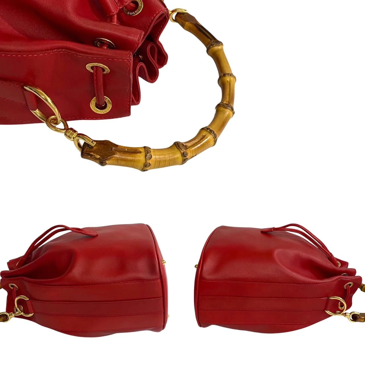 GUCCI VINTAGE 100% Genuine Bamboo Bucket Shoulder Two-way Bag, Red, late 1990's