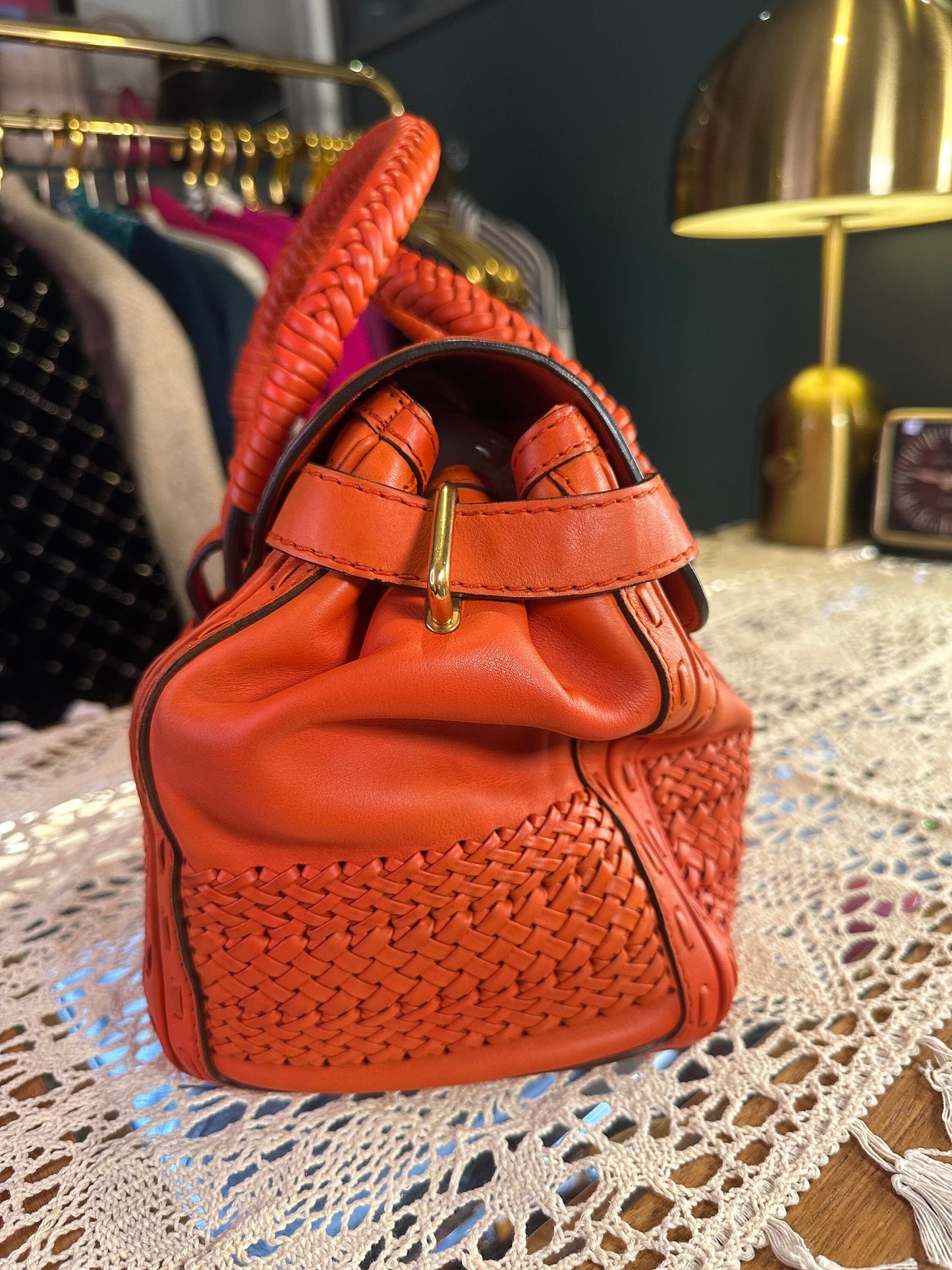 GUCCI VINTAGE 100% Authentic Genuine Handmade Weave Details Turn Lock Handbag, Orange, Y2K, Great Condition