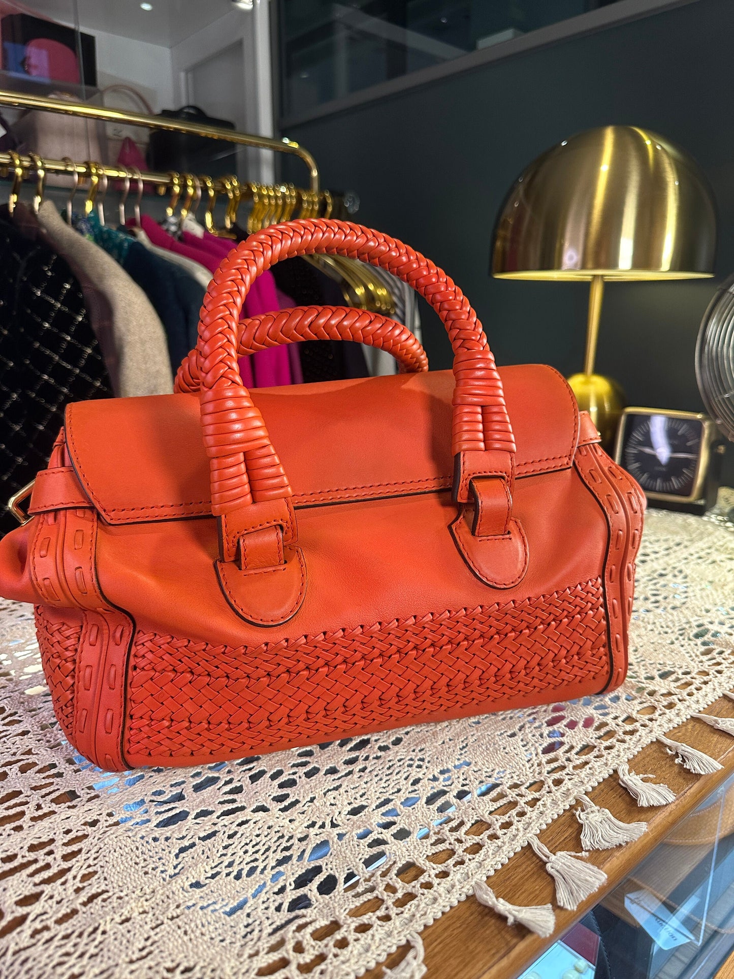 GUCCI VINTAGE 100% Authentic Genuine Handmade Weave Details Turn Lock Handbag, Orange, Y2K, Great Condition