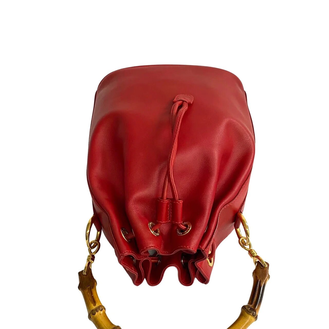 GUCCI VINTAGE 100% Genuine Bamboo Bucket Shoulder Two-way Bag, Red, late 1990's