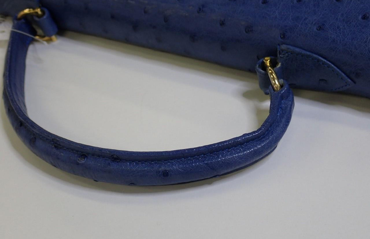 LANVIN VINTAGE 100% Authentic Genuine, Ostrich Leather Kelly-Style Handbag, Blue , Y2K, Used Condition, Grade B