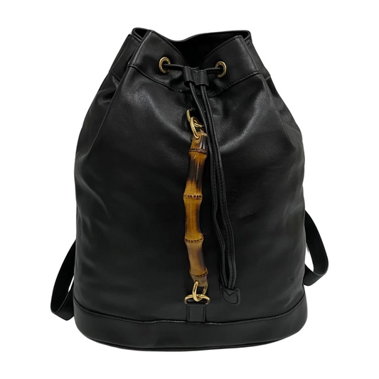 GUCCI VINTAGE 100% Authentic Genuine Leather Iconic Bamboo Handle Draw Strings Backpack, Large Size, Black, 2000's, Good Condition