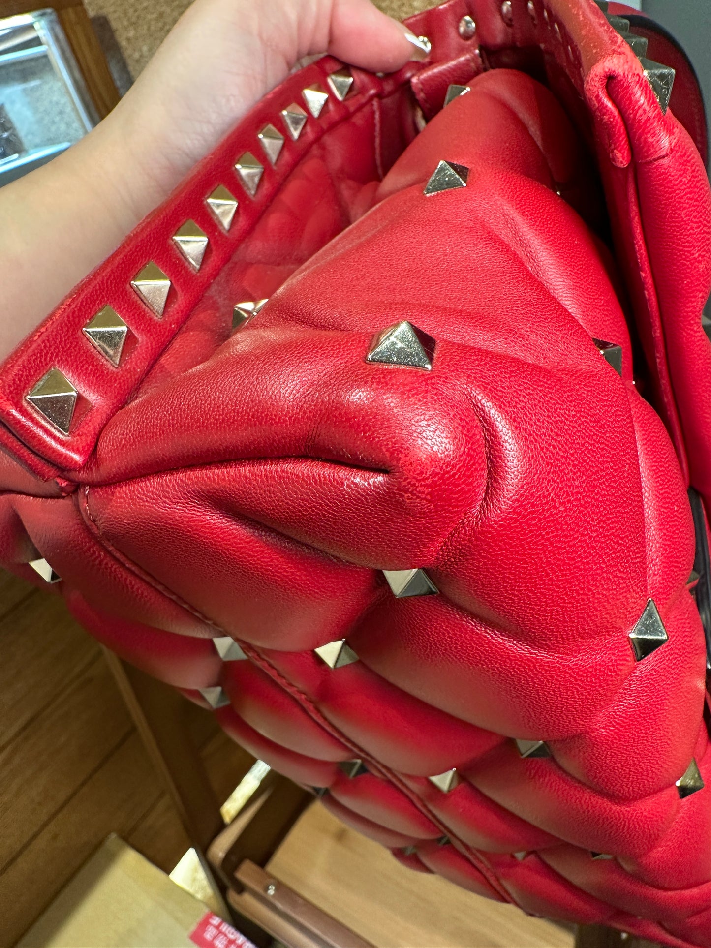 VALENTINO 100% Authentic Genuine Studded Puff Padded Leather Handbag, Red, Great Condition