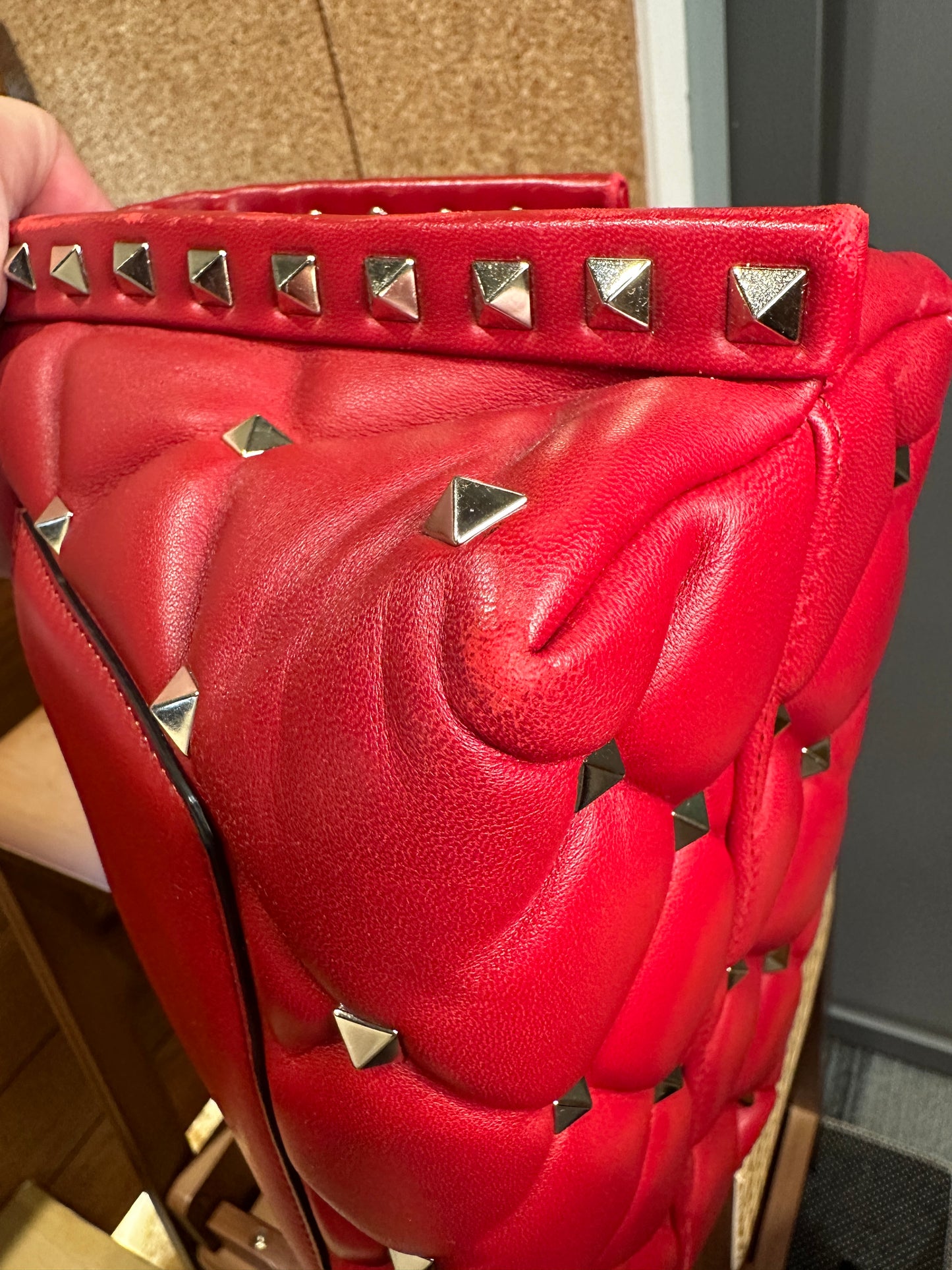 VALENTINO 100% Authentic Genuine Studded Puff Padded Leather Handbag, Red, Great Condition