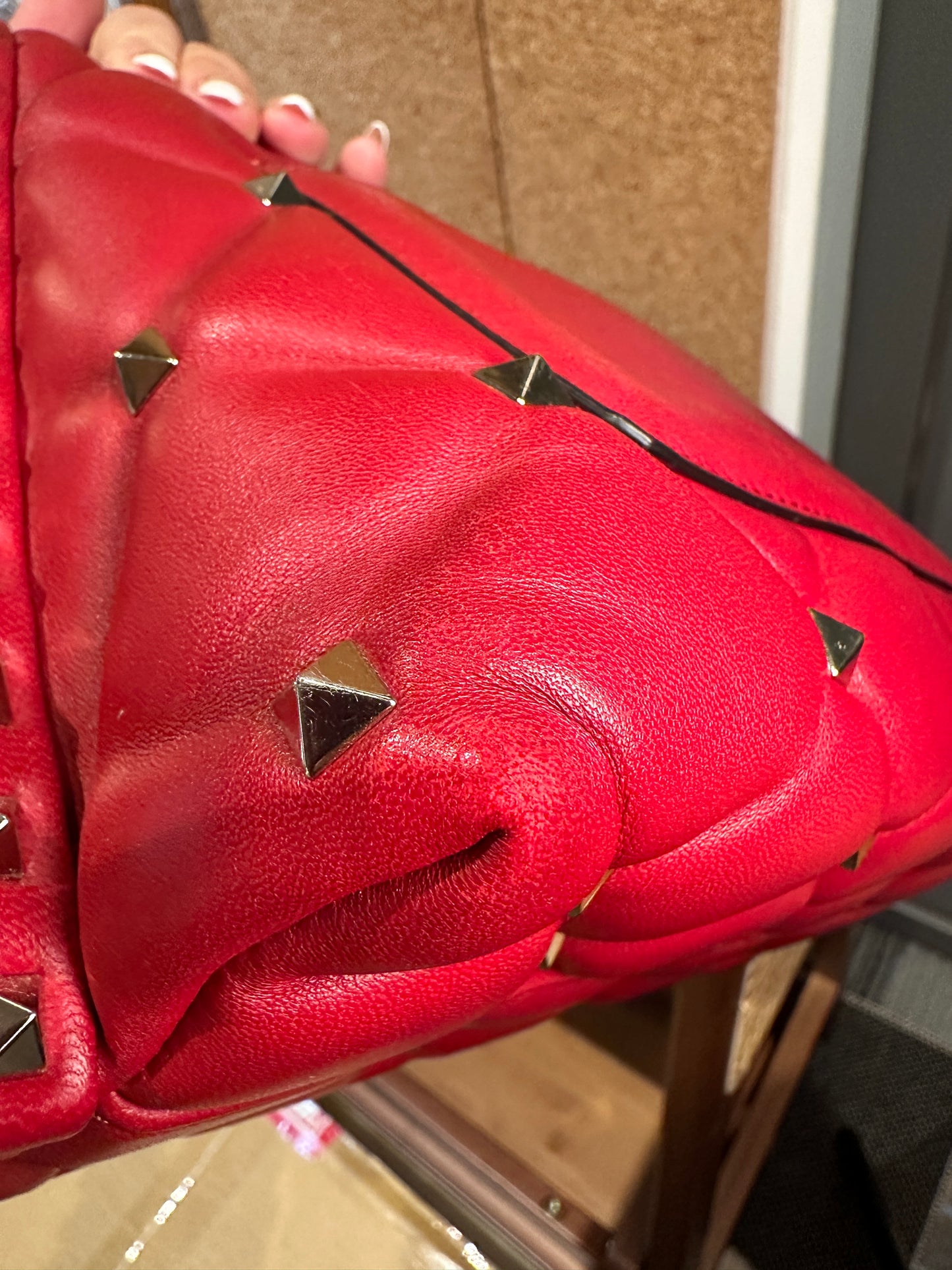 VALENTINO 100% Authentic Genuine Studded Puff Padded Leather Handbag, Red, Great Condition