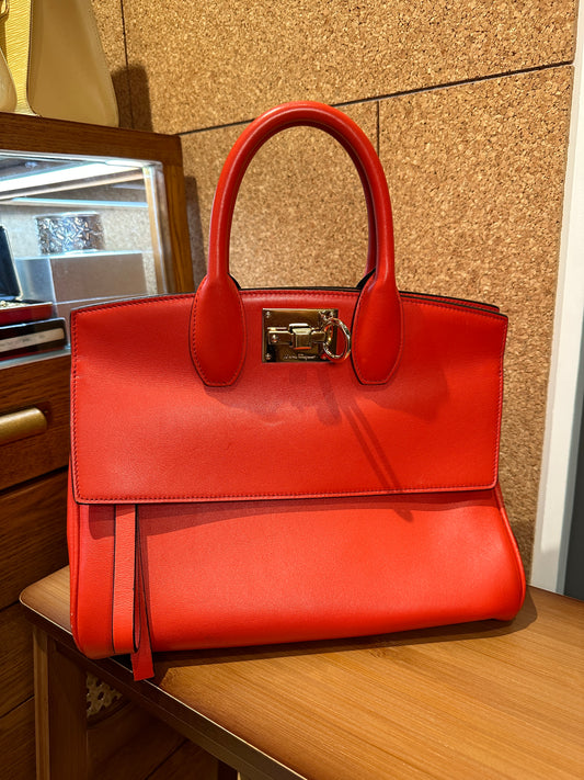 FERRAGAMO 100% Authentic Genuine Double Top Handle Leather Handbag, Orange, Great Condition