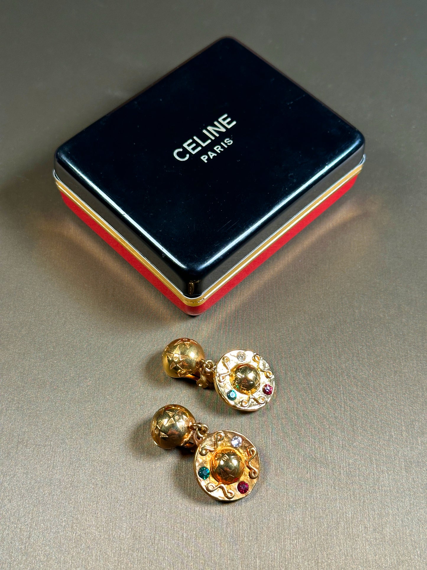 CELINE VINTAGE 100% Authentic Genuine Clip On Earrings in Gold, 1990's, Great Condition, with Original Box