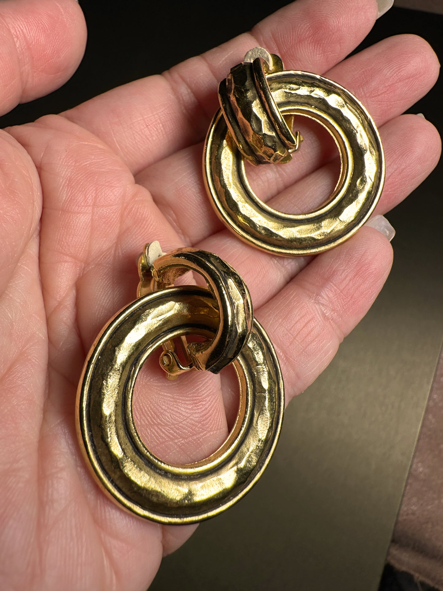 CHANEL VINTAGE 100% Authentic Genuine Clip On Two-way Hoop Earrings in Gold, 1990's, Made In France