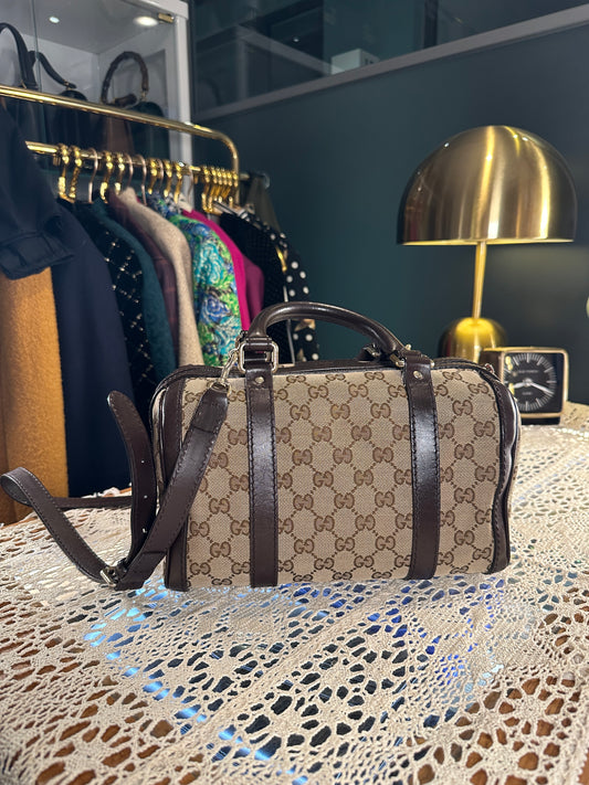 GUCCI VINTAGE 100% Authentic Genuine Boston Bag In Monogram Canvas with Leather Trims, Brown, Great Condition, Light-weight and Spacious