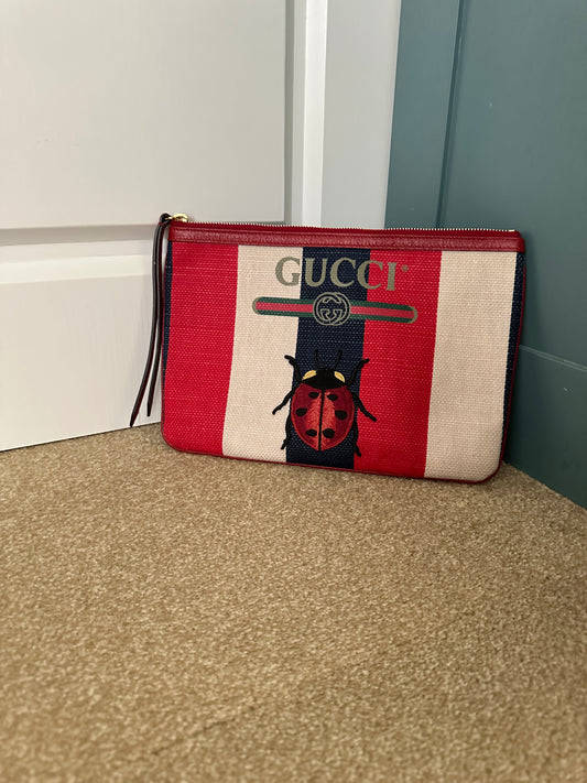 GUCCI 100% Authentic Genuine Red/White/Blue Striped Canvas Ladybug Merida Pouch Clutch Bag, Great Condition