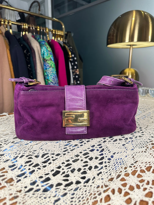 FENDI VINTAGE 100% Authentic Genuine Suede Baguette Handbag, Purple, 1990's, Good Condition