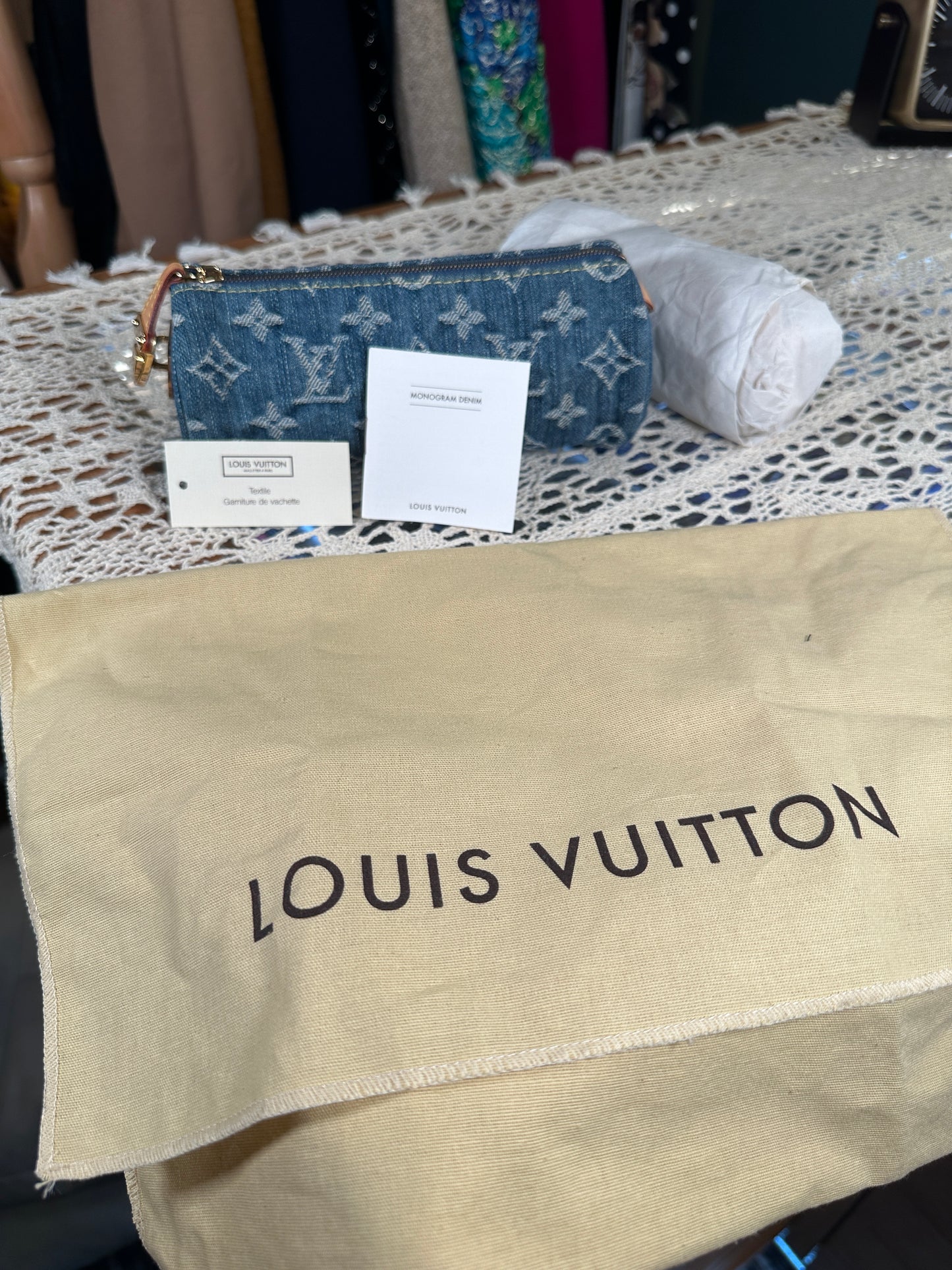 LOUIS VUITTON Vintage 100% Authentic Genuine, Monogram Denim Trousse Speedy GM Pouch Blue, 2008