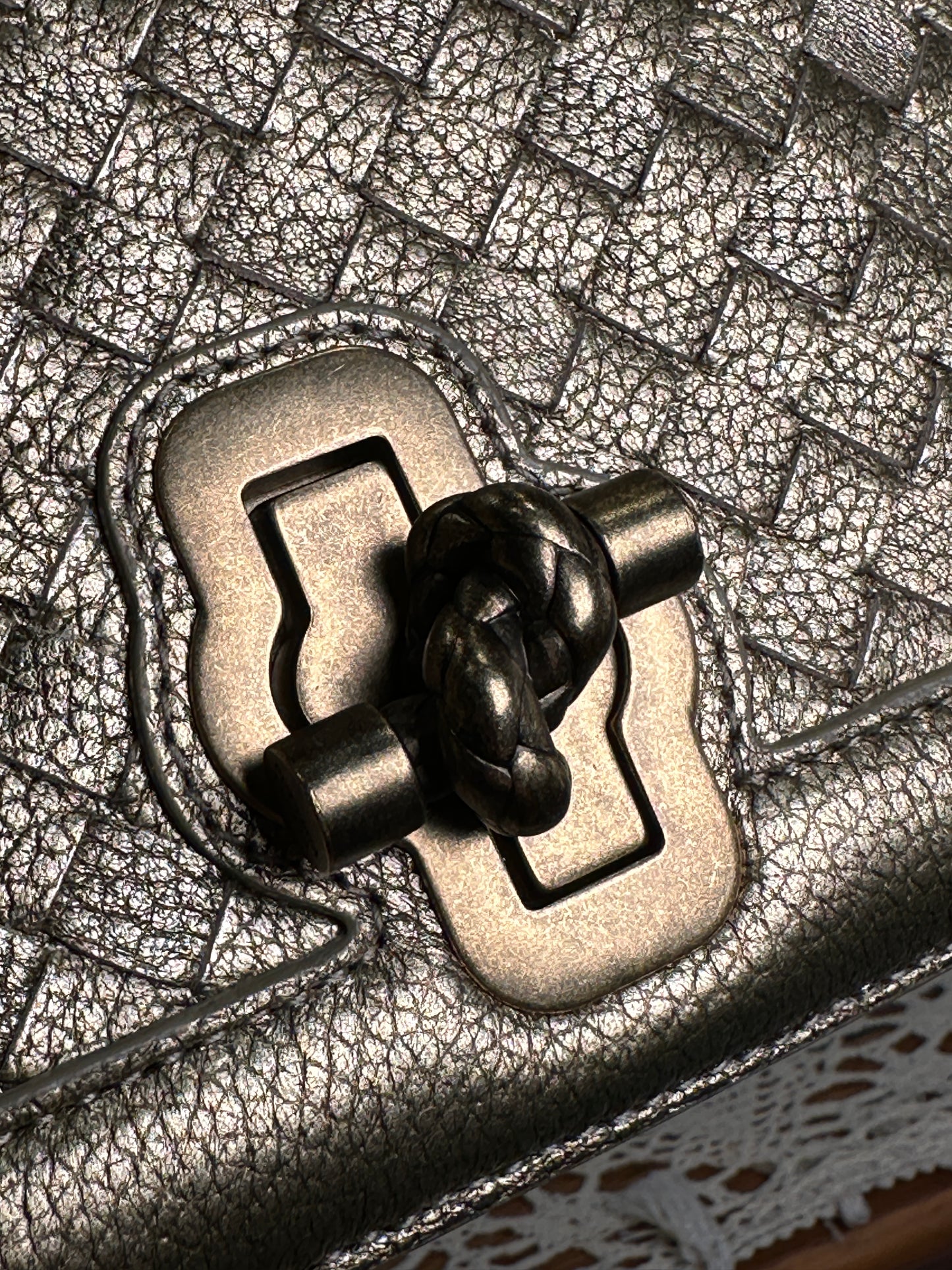 BOTTEGA VENETA  100% Authentic Genuine City Knot Two-way Shoulder Bag, Metallic Khaki, Great Condition