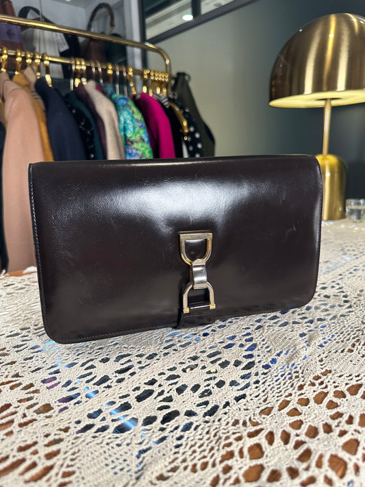 GUCCI VINTAGE 100% Authentic Genuine Leather Clutch / Shoulder Two Way Bag, Late 70's - Early 80's, Dark Brown, Good Condition