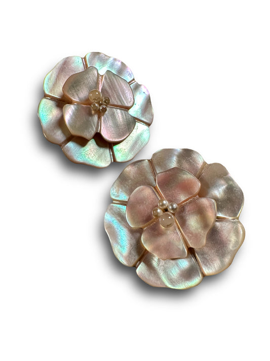 CHANEL VINTAGE 100% Authentic Genuine Camellia Mother of Pearl Clip On Logo Earrings, 1990's, Made In France