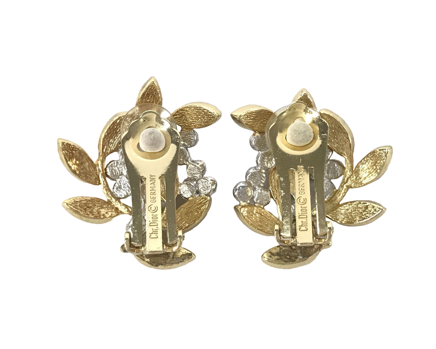 CHRISTIAN DIOR VINTAGE, 100% Authentic Genuine Clipped On Earrings, Embossed Floral and Leaves, Gold and Silver, 1990's, Grade AB