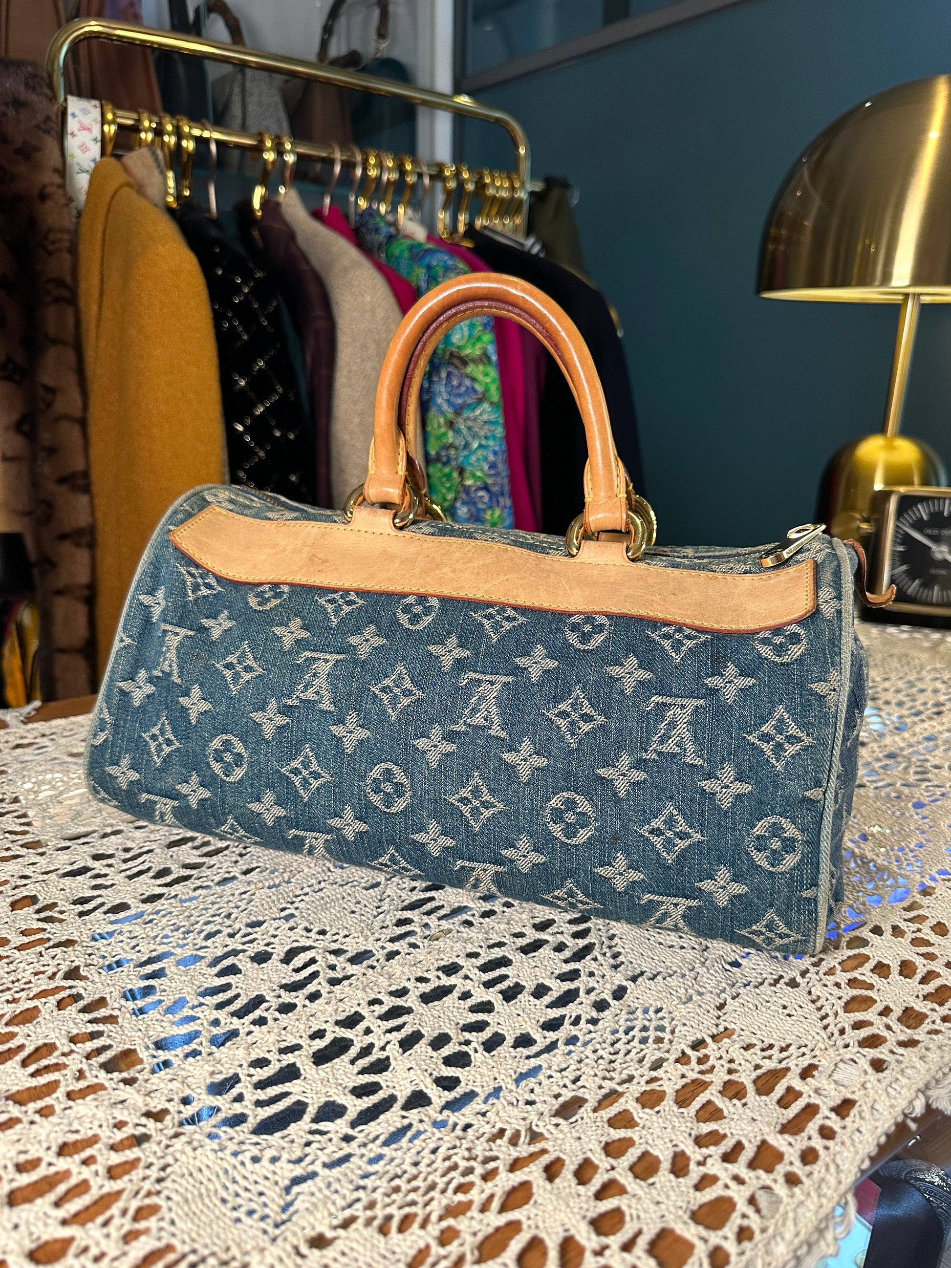 LOUIS VUITTON VINTAGE 100% Authentic Genuine, Double Handle Monogram Denim Handbag, Black Suede, 1990's, Great Condition