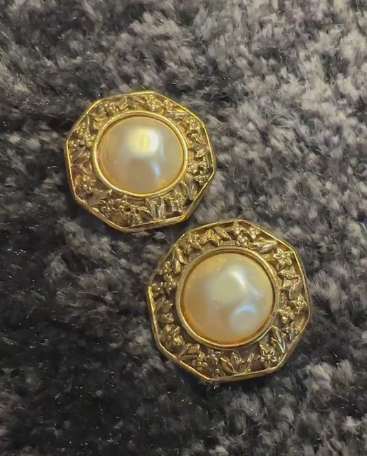 CHANEL VINTAGE 100% Genuine, Faux Pearl Clip On Logo Earrings in Gold, 1990's, Made In France