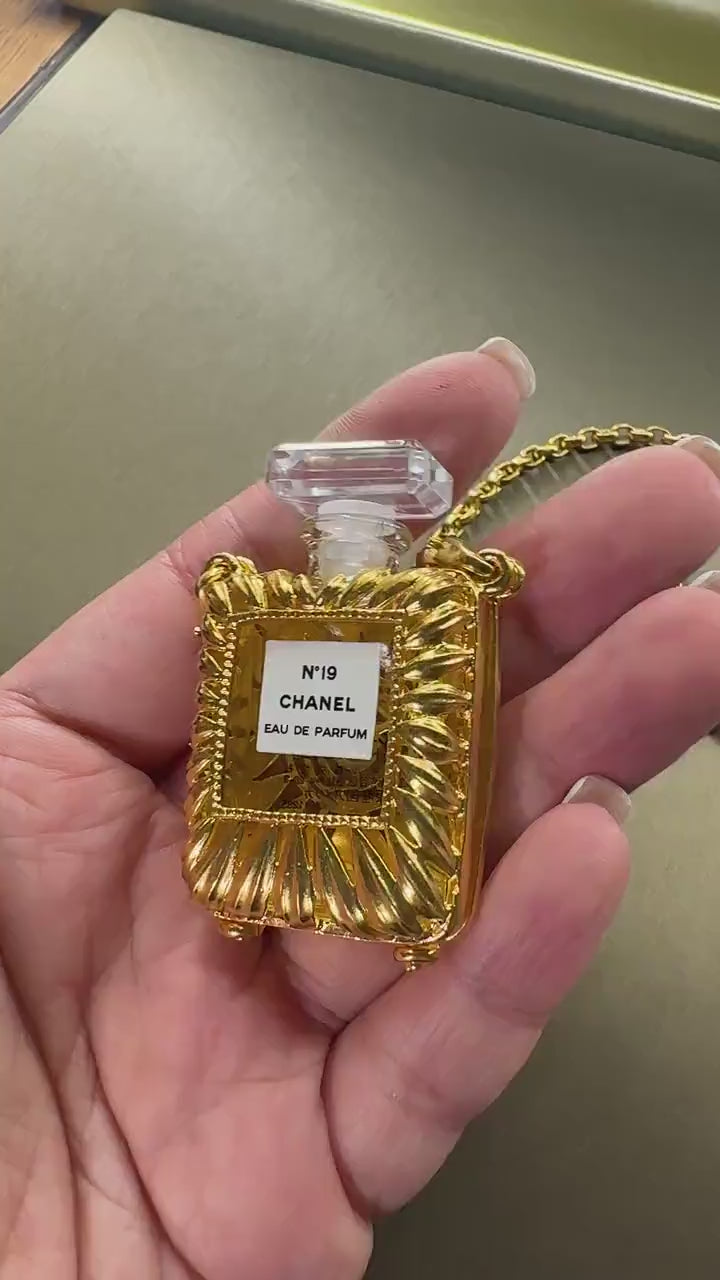 CHANEL VINTAGE 100% Authentic Genuine No. 19 Perfume Charm Double-sided Necklace in Gold Plated, 1990's, Great Condition, Grade AB
