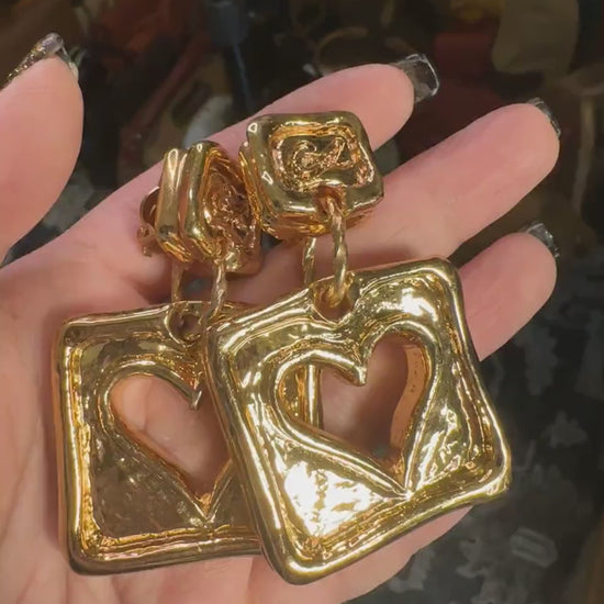 CHRISTIAN LACROIX VINTAGE 100% Authentic Genuine, Clip On Square Gold Earrings With Hollow Heart Shape, 1990's, Great Condition