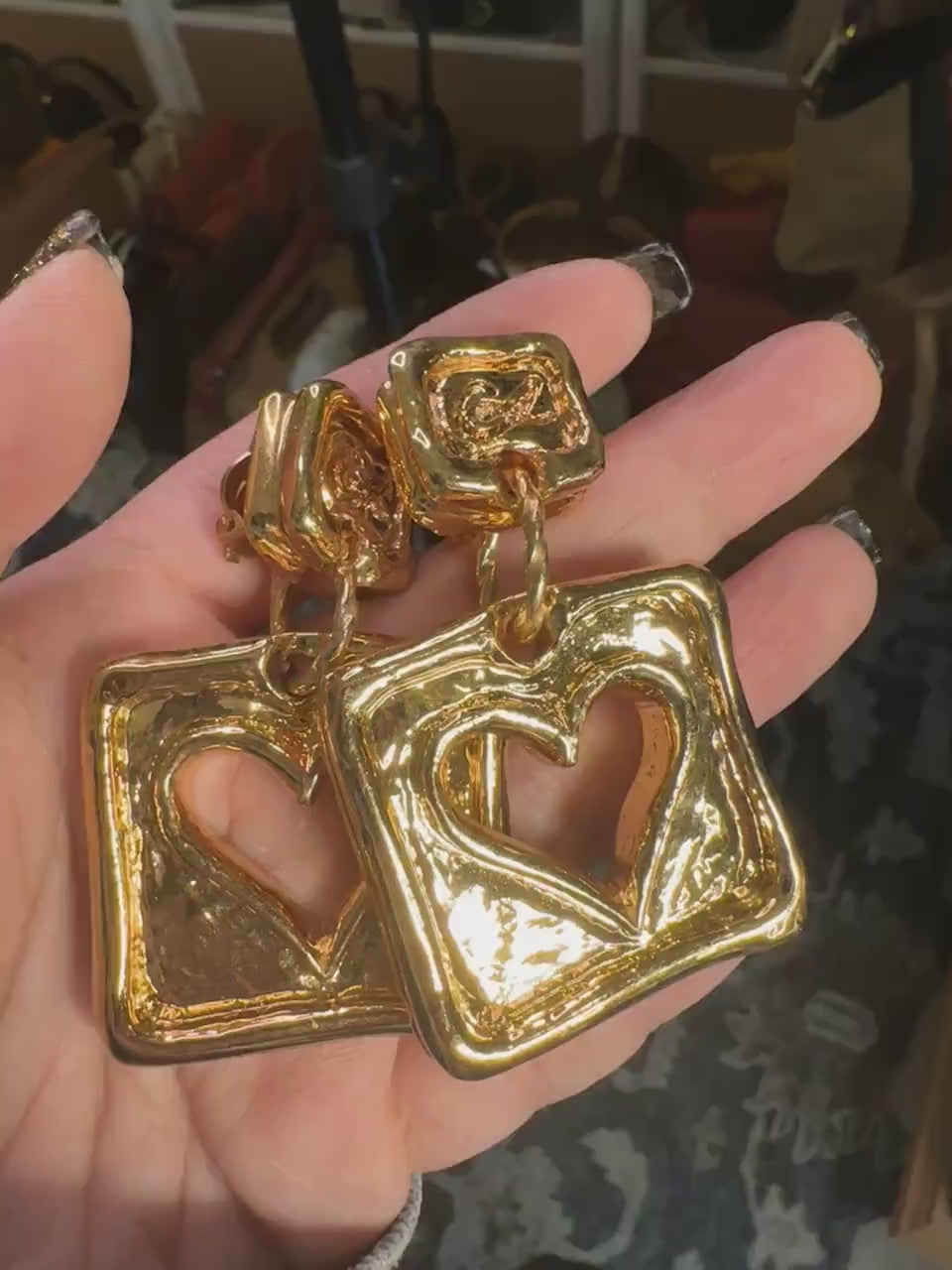 CHRISTIAN LACROIX VINTAGE 100% Authentic Genuine, Clip On Square Gold Earrings With Hollow Heart Shape, 1990's, Great Condition