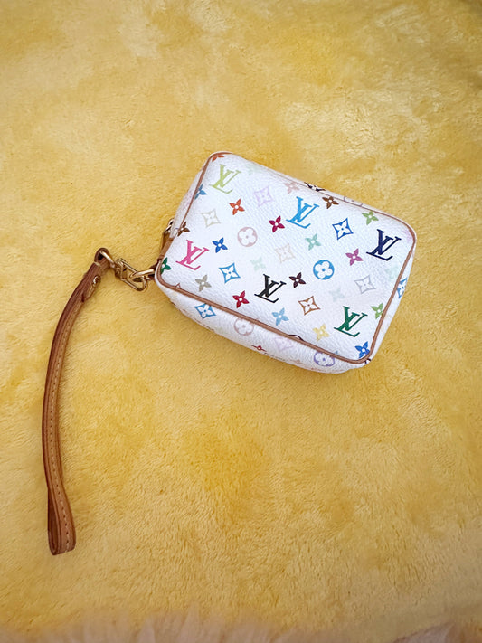 LOUIS VUITTON x Takashi Murakami VINTAGE 100% Authentic Genuine Small Two-way Wrist Purse Monogram Multi-color White 2000's, Great Condition