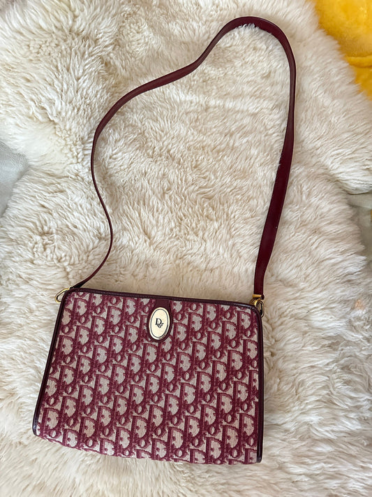 CHRISTIAN DIOR VINTAGE 100% Authentic Genuine Monogram Canvas and Leather Crossbody Bag, Wine Maroon Color, 1990's, Great Condition, Rare