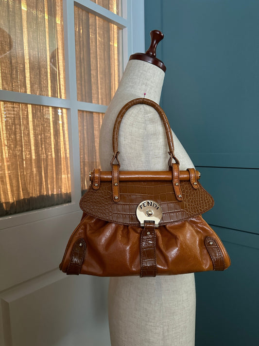FENDI VINTAGE, 100% Authentic Genuine, Leather Hand Bag, Caramel Brown Embossed Leather, 2000's, Great Condition, Rare