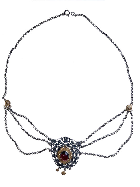 VINTAGE EUROPEAN Bavaria Style Garnet Necklace in Silver and Gold Plated with Large Centre Cabochon Garnet