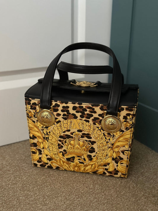 VERSACE VINTAGE, 100% Authentic Genuine, Classic House Print Box Shape Hand Bag , Leopard Print, 2000's, Great Condition, Rare