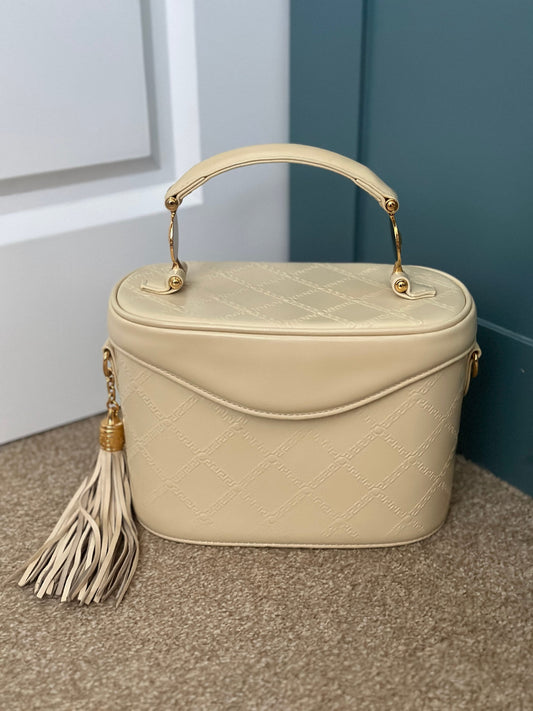 VERSACE VINTAGE, 100% Authentic Genuine, Box Shape Vanity Hand Bag , Cream Colour, 2000's, Great Condition, Rare