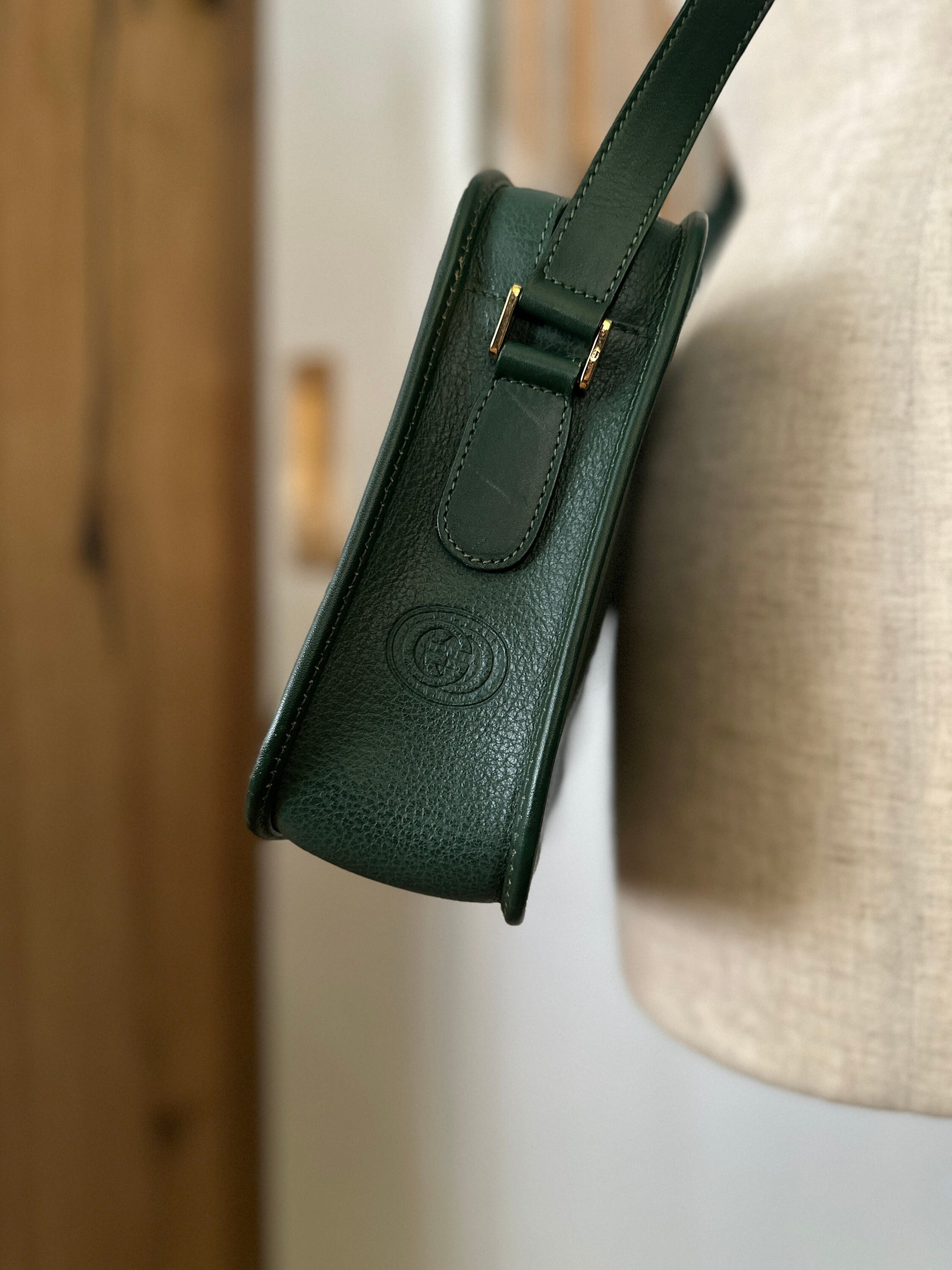 GUCCI VINTAGE 100% Authentic Genuine Leather Cross-body Bag, Dark Moss Green, Late 1980's, Good Condition