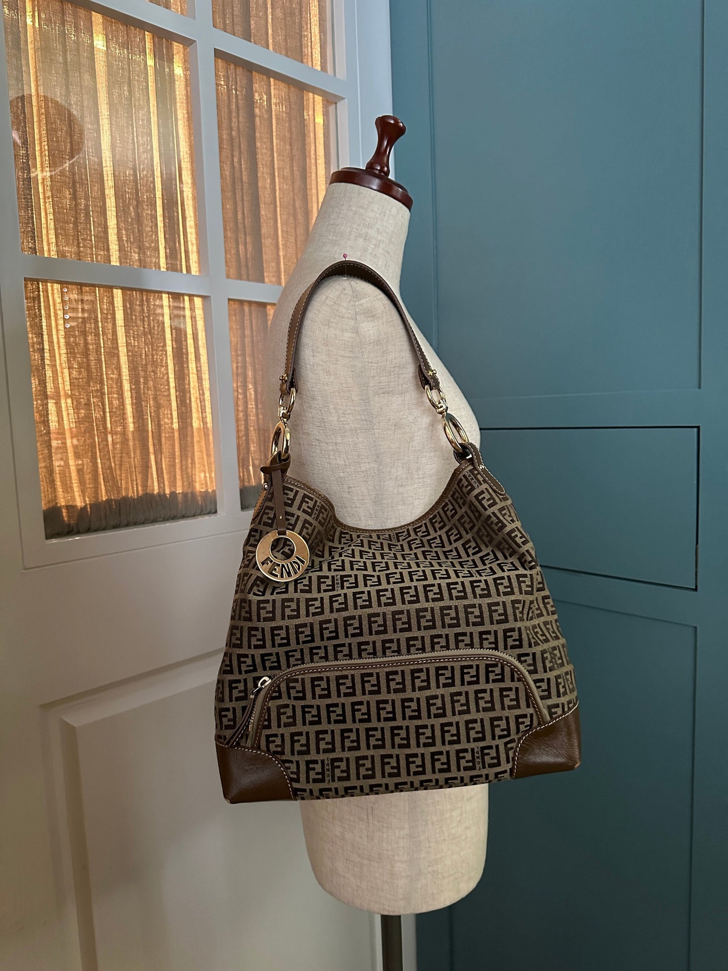 FENDI VINTAGE, 100% Authentic Genuine, Monogram Shoulder Bag, FF Logo Canvas with Brown Leather Strap, 1990's, Great Condition, Rare