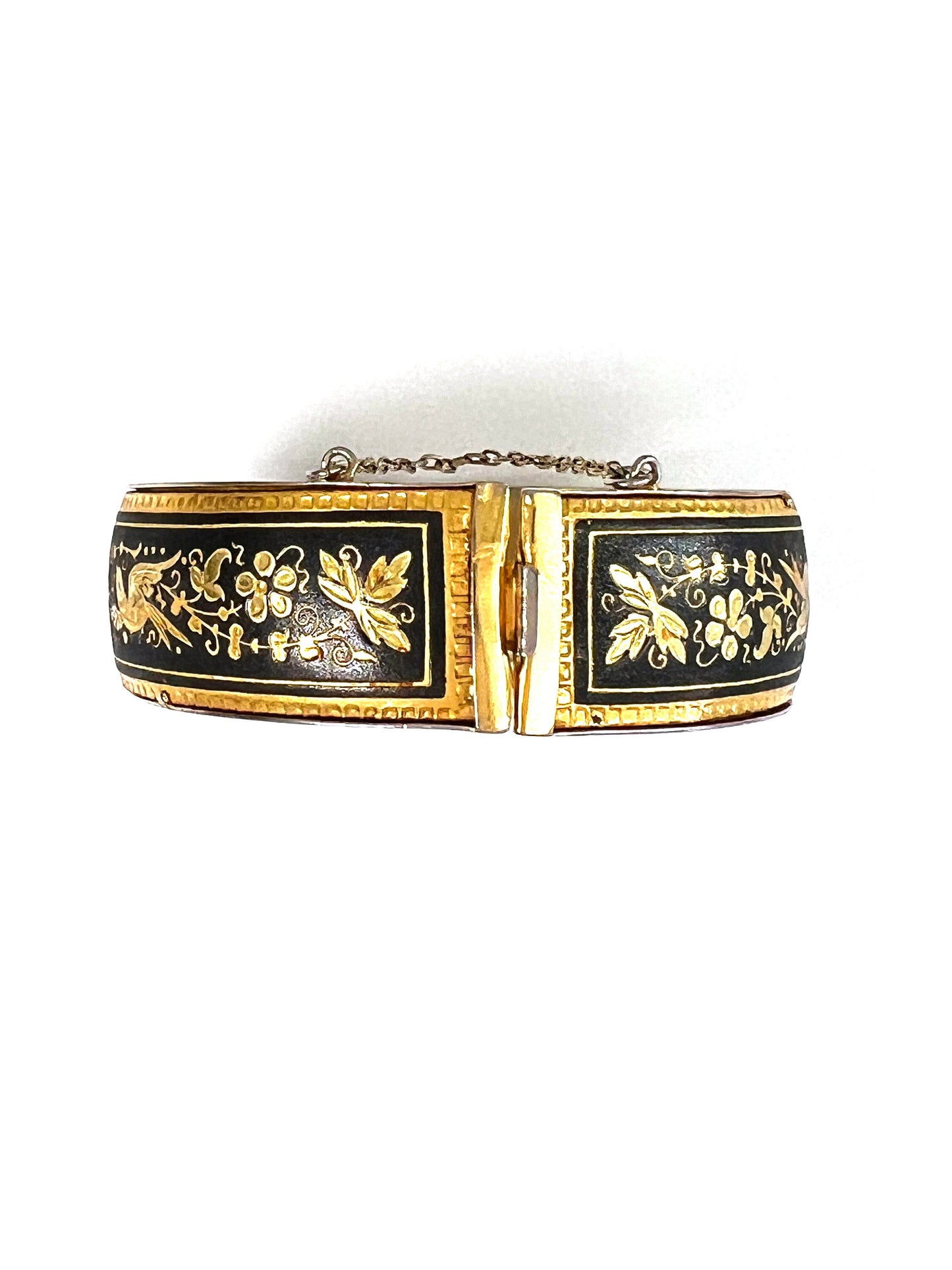 Vintage Damascene Hinged Bangle Bracelet with Security Chain, Circa 1970