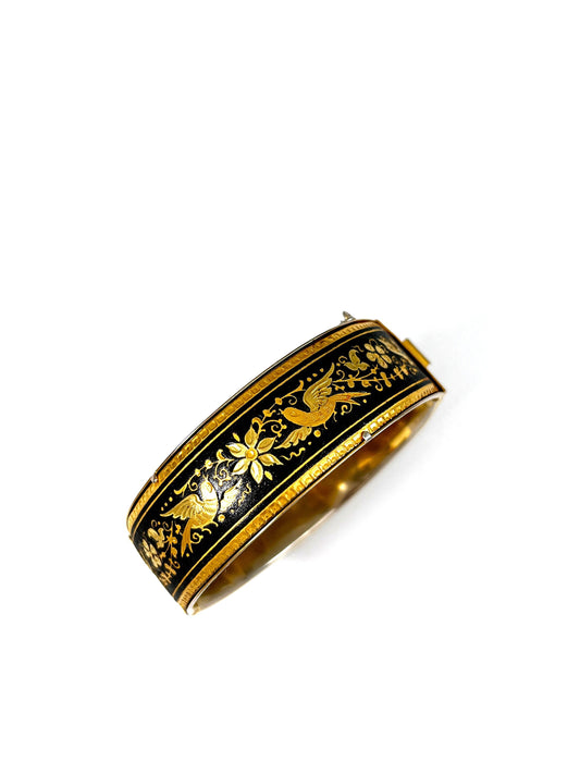 Vintage Damascene Hinged Bangle Bracelet with Security Chain, Circa 1970