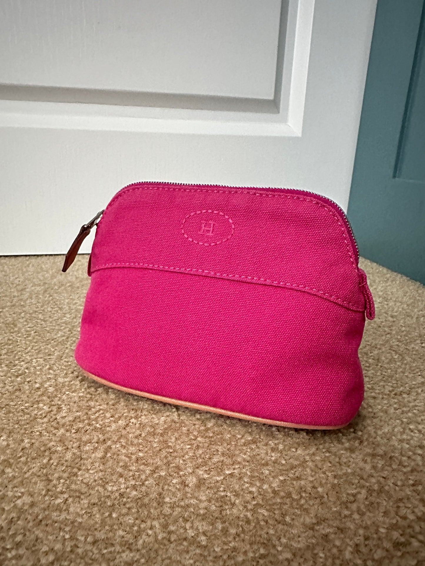 HERMES VINTAGE 100% Authentic Genuine Canvas Bolide Makeup Pouch Case Bag, Bright Pink, Great Condition