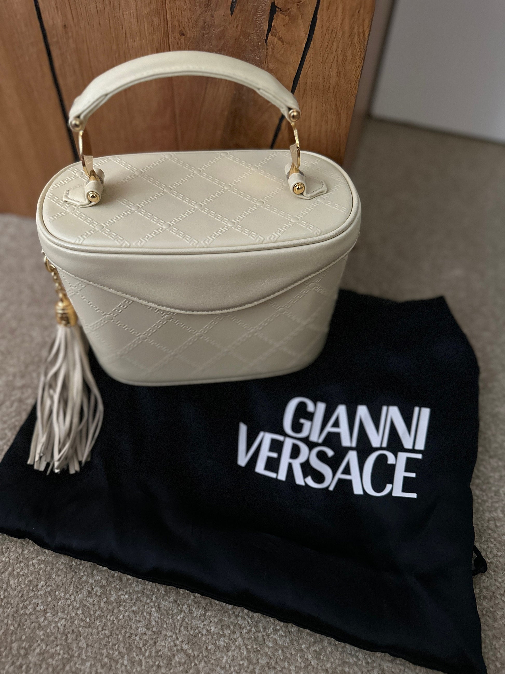 VERSACE VINTAGE, 100% Authentic Genuine, Box Shape Vanity Hand Bag , Cream Colour, 2000's, Great Condition, Rare