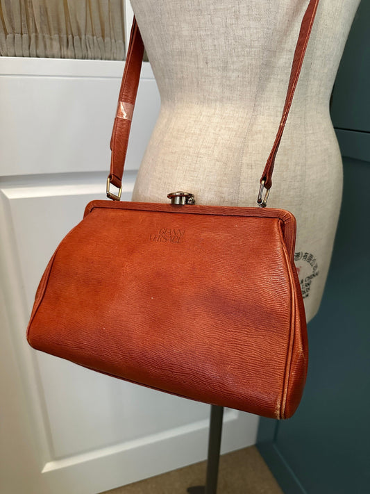 VERSACE VINTAGE, 100% Authentic Genuine Leather Cross-body Doctor Bag, Orange Brown, 1980's, Good Condition