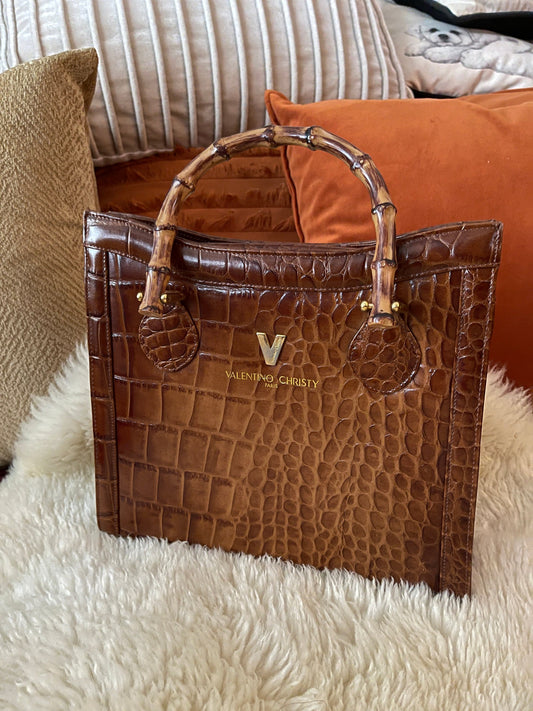 VALENTINO CHRISTY VINTAGE 100% Authentic Genuine Top Handle Hand Bag, Brown, 1980's, Embossed Leather