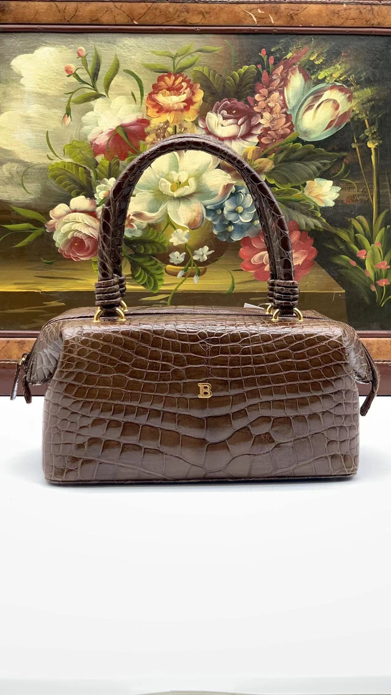 BALLY VINTAGE 100% Authentic Genuine Top Handle Croco Bag, Brown, 1980's, Great Condition, Rare, Grade A